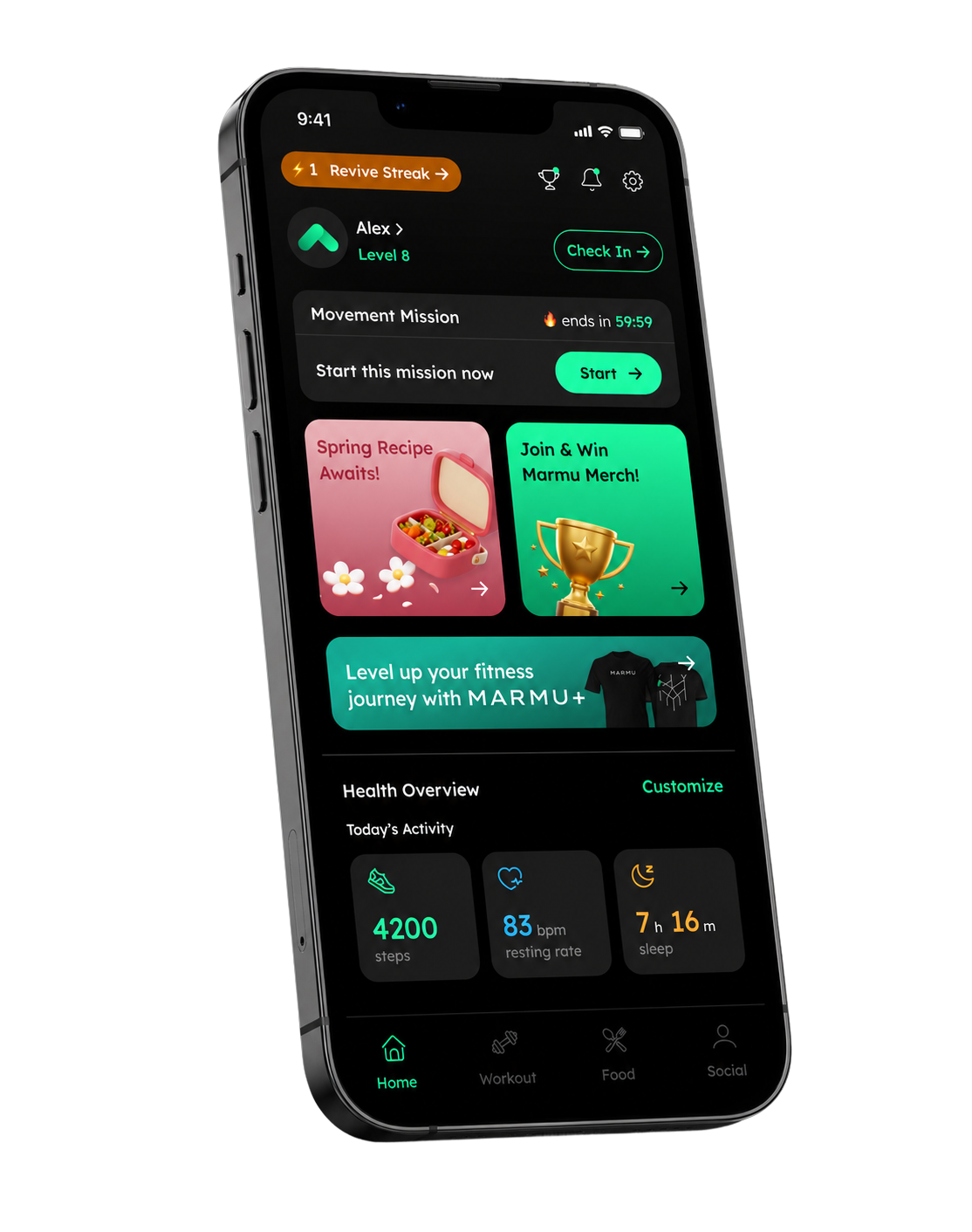 The MARMU app showing daily missions, rewards and a health overview.